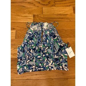 NWT Japna Womens Sleeveless abstract print blue cropped pleated Halter Top Large